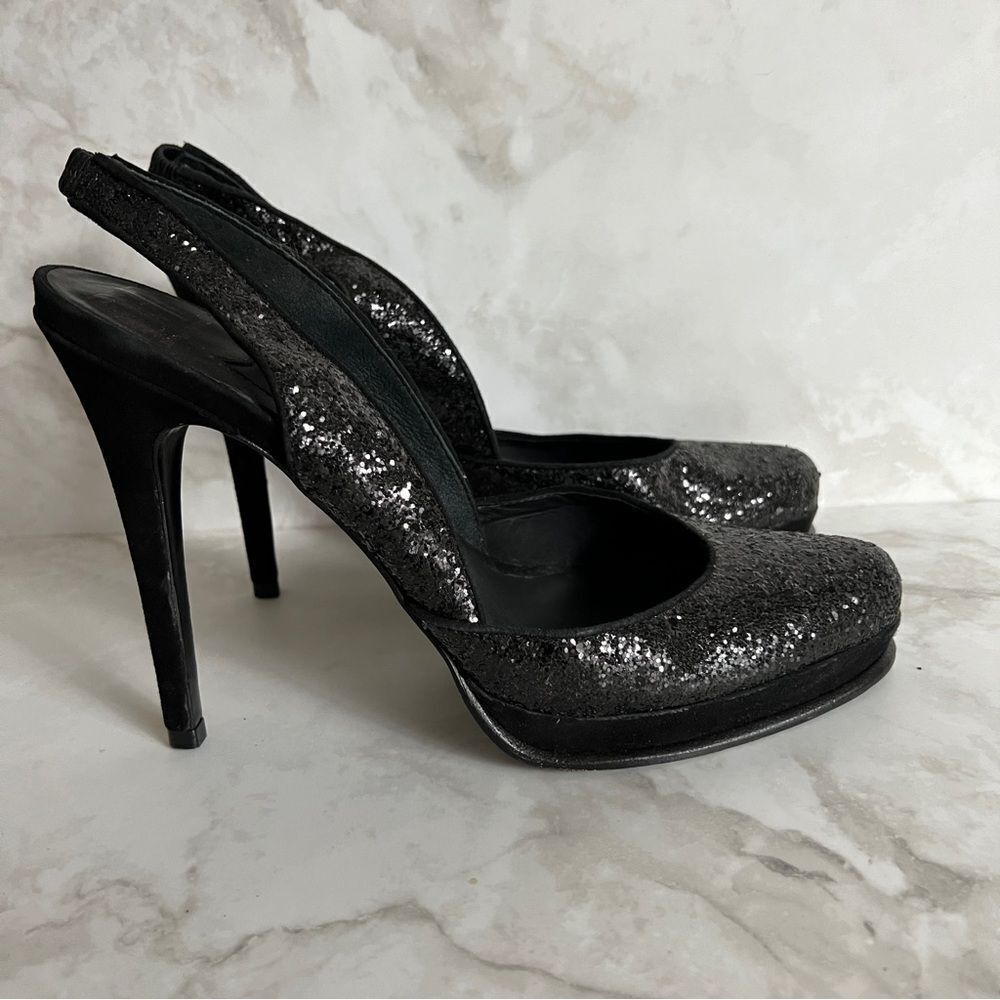 Diane Von Furstenburg Black Glitter Slingback Pumps
